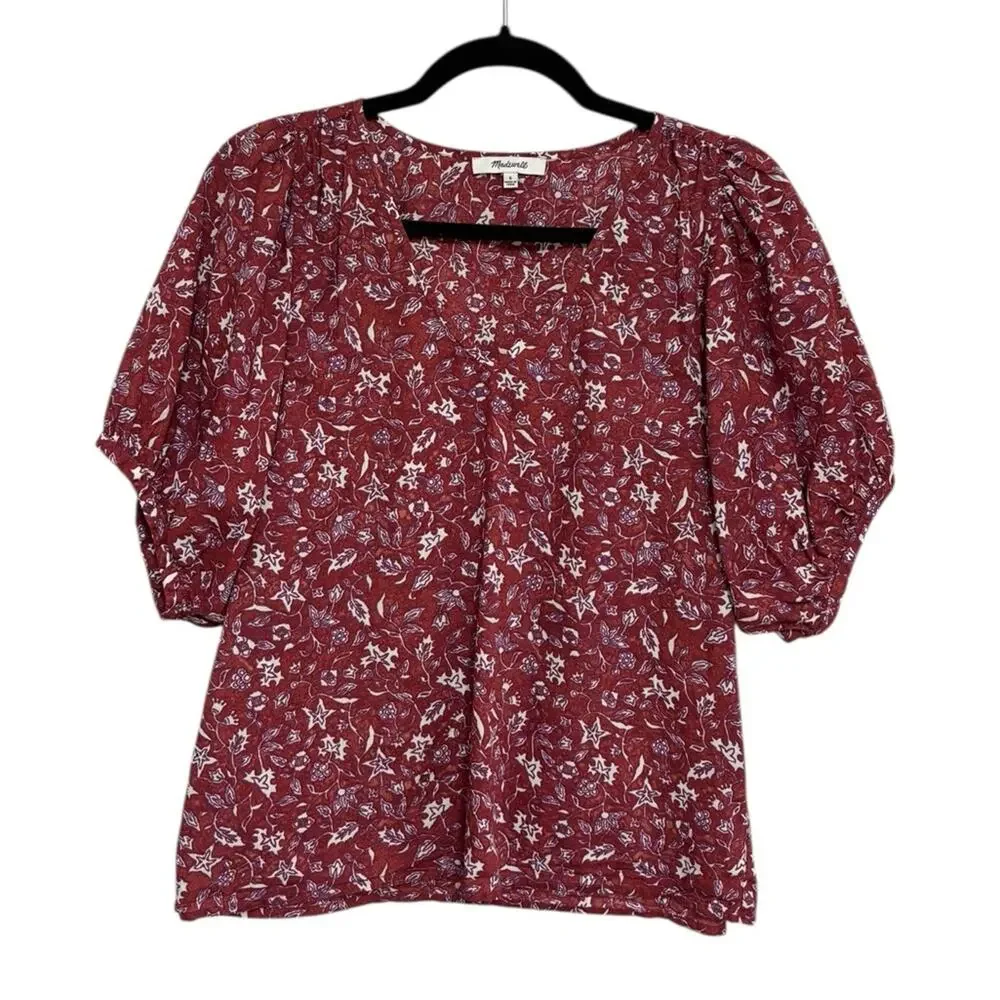Madewell V-Neck Puff Sleeve Top in Batik Vine Floral - Size S